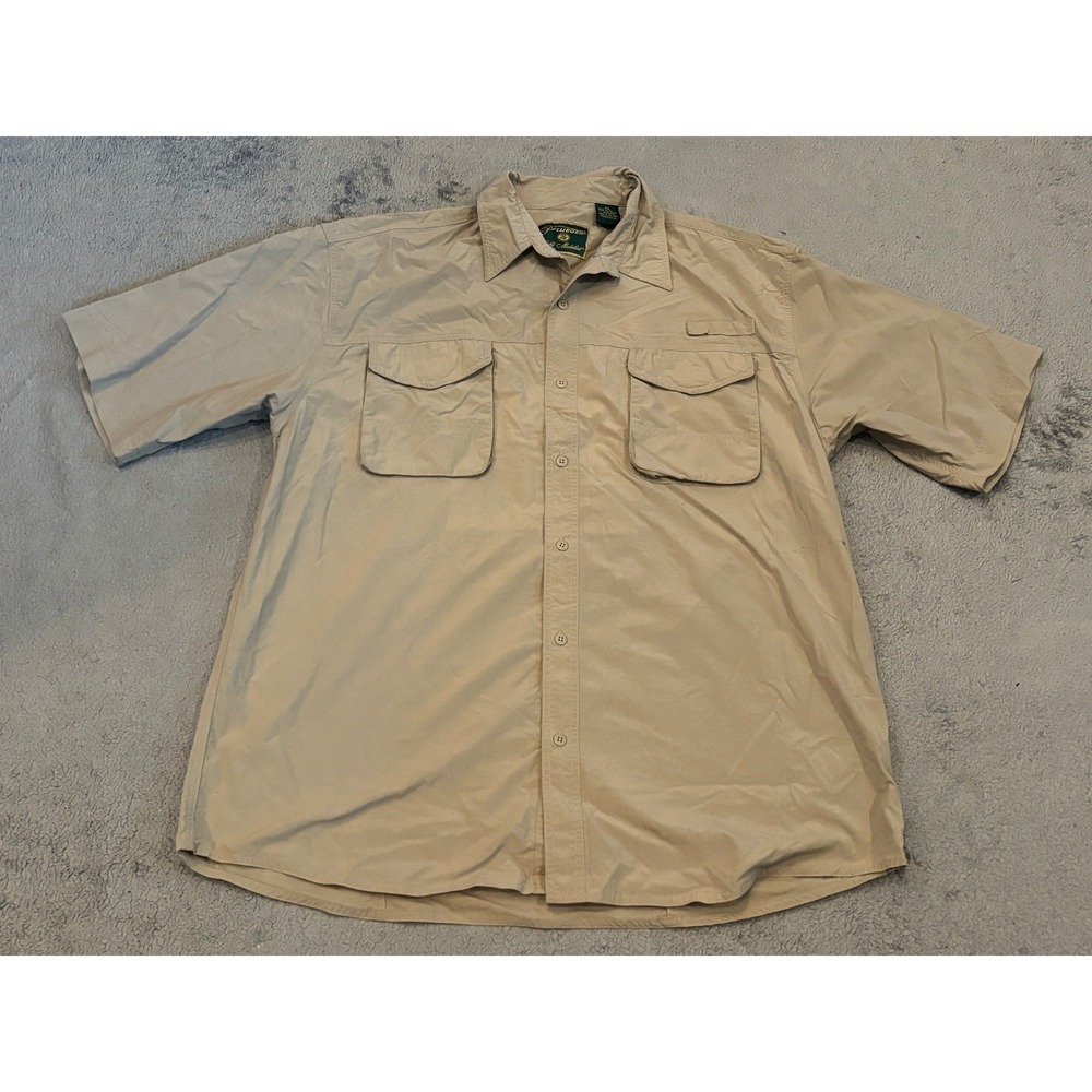 Pflueger Gold Medalist Mens XXL Khaki Tan Nylon Fishing Shirt Short Sleeve Vent